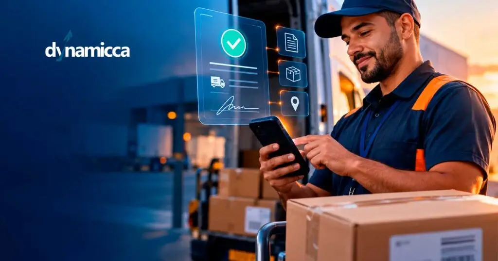 Profissional de logística utilizando smartphone para registrar comprovante de entrega com canhoto digital